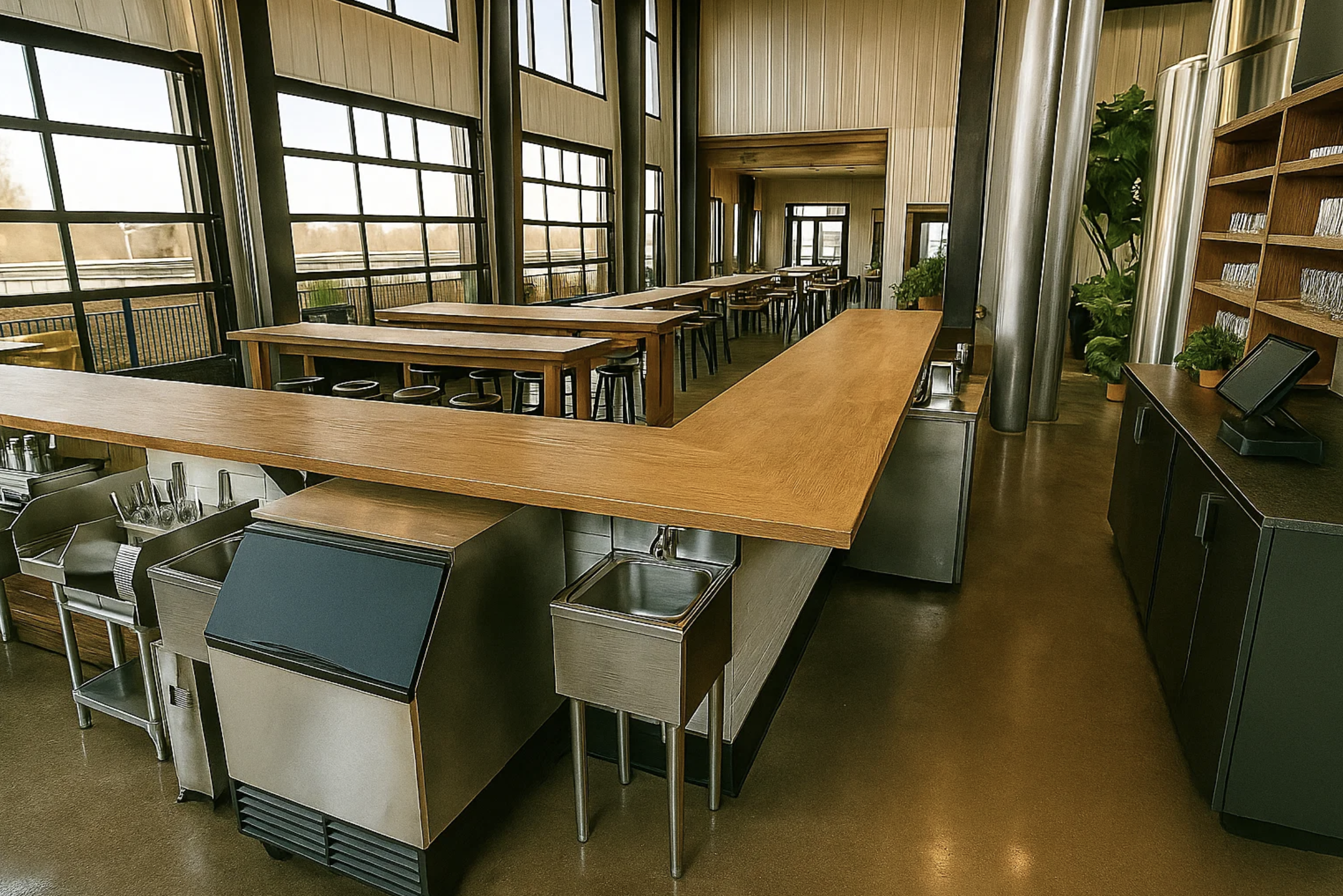 Spacious taproom with long wooden bar, large windows, and relaxed seating creating a great atmosphere.