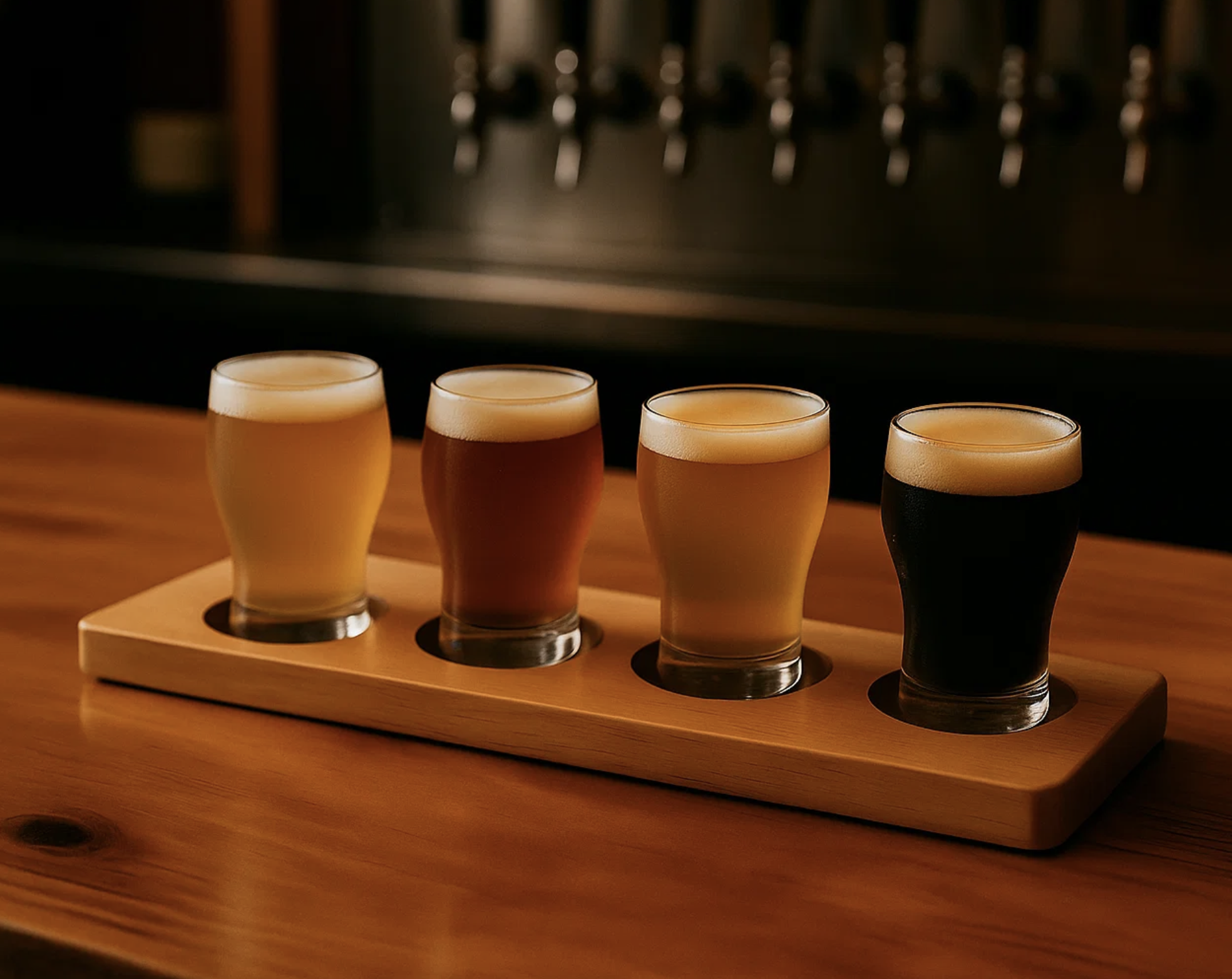 Flight of four craft beers in small glasses on a wooden paddle sitting on the bar.